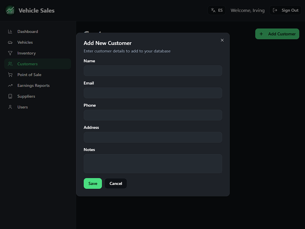 Vehicle Sales - Customers - Add