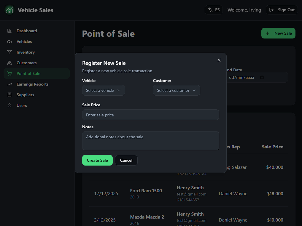 Vehicle Sales - Sales - Add