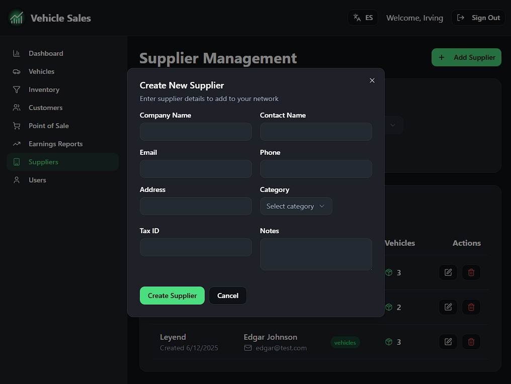 Vehicle Sales - Suppliers - Add