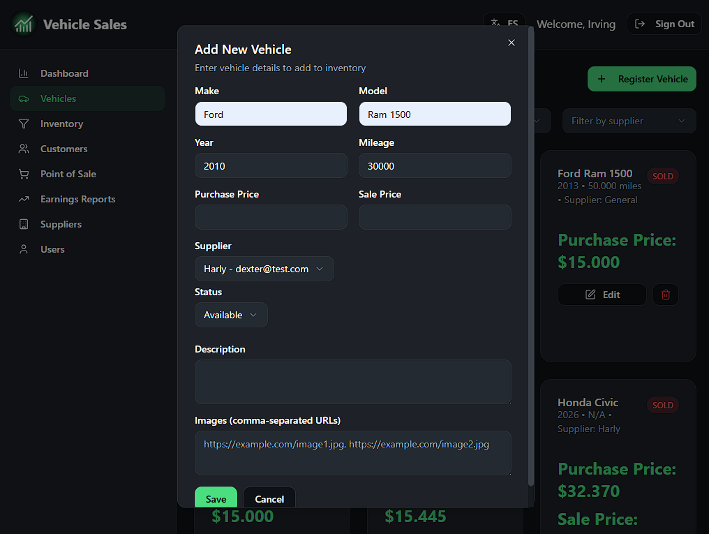 Vehicle Sales - Vehicles - Add